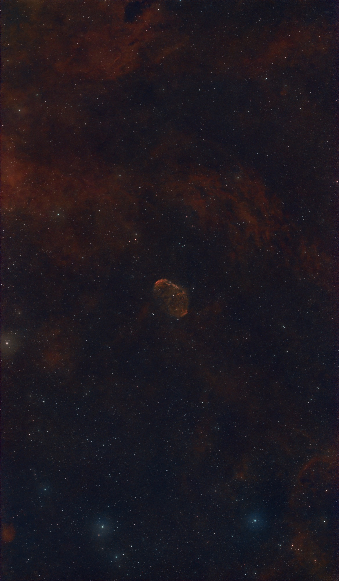 NGC 6888 field-of-view example for the Seestar S30 Pro, showing the Crescent Nebula framed in a wide star field.