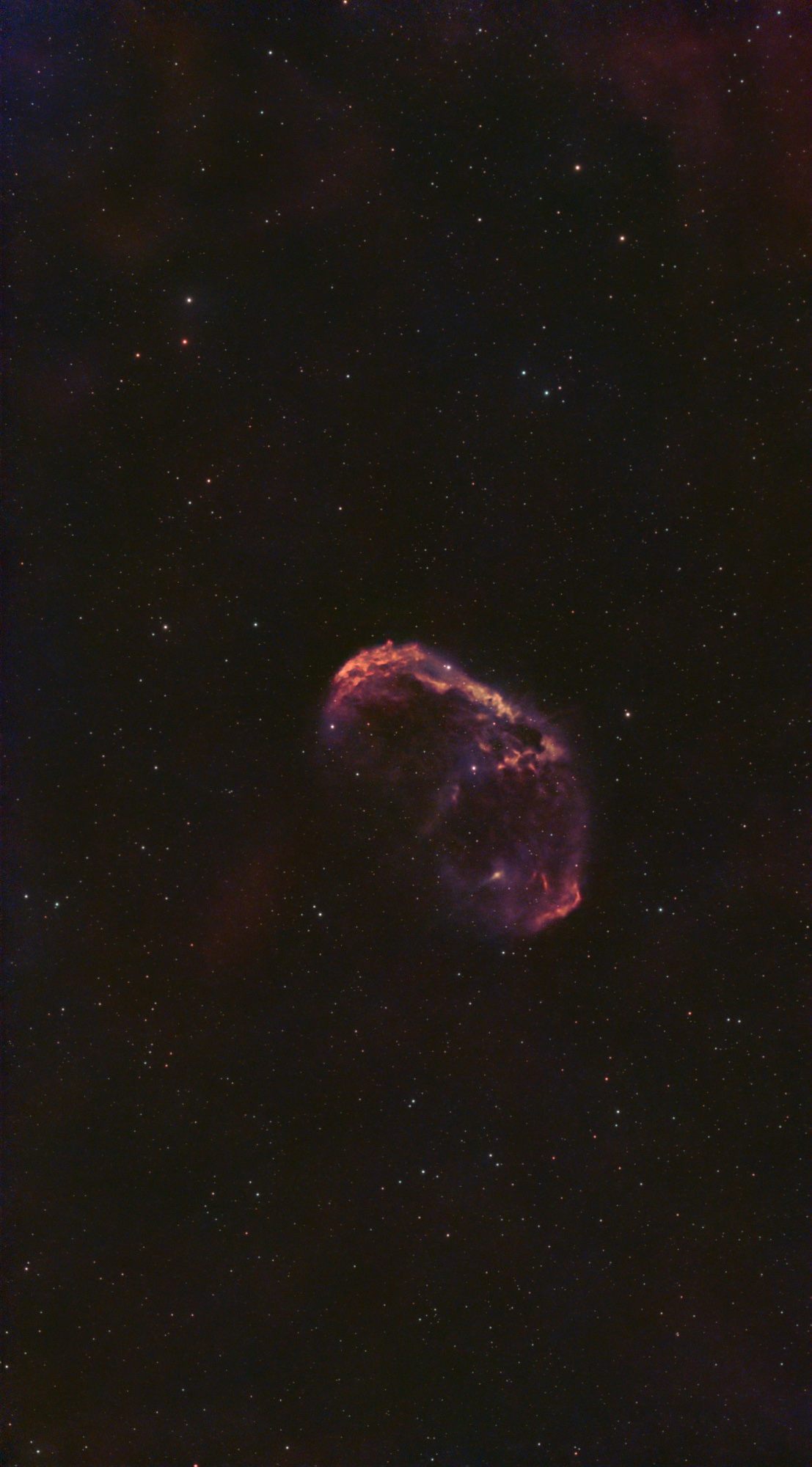 NGC 6888 field-of-view example for the Seestar S50, showing the Crescent Nebula framed closely in a star field.