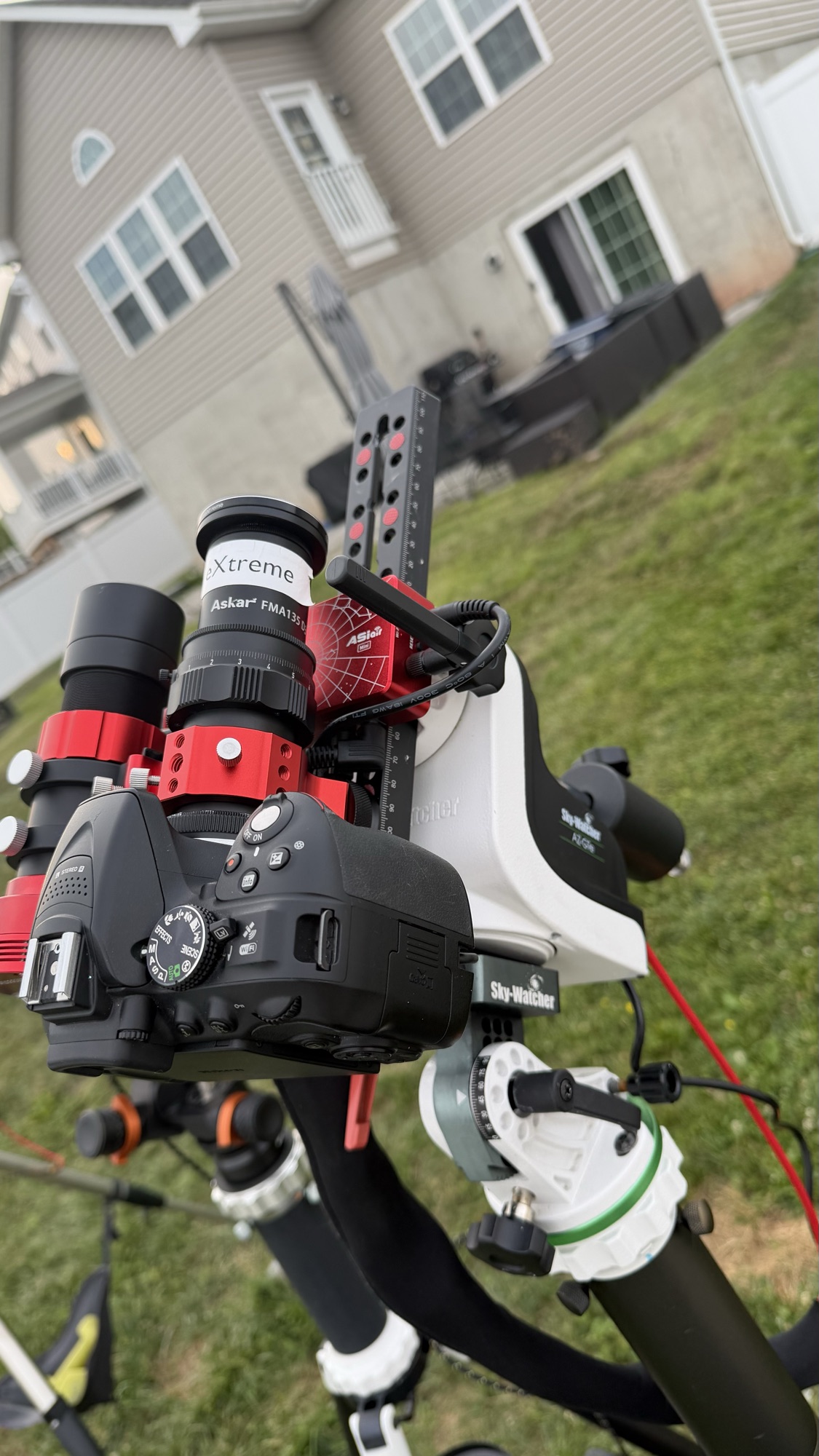 WideSky rig with a Nikon D5300 and Askar FMA135 on a Sky-Watcher AZ-GTi mounted to a Sky-Watcher equatorial base.