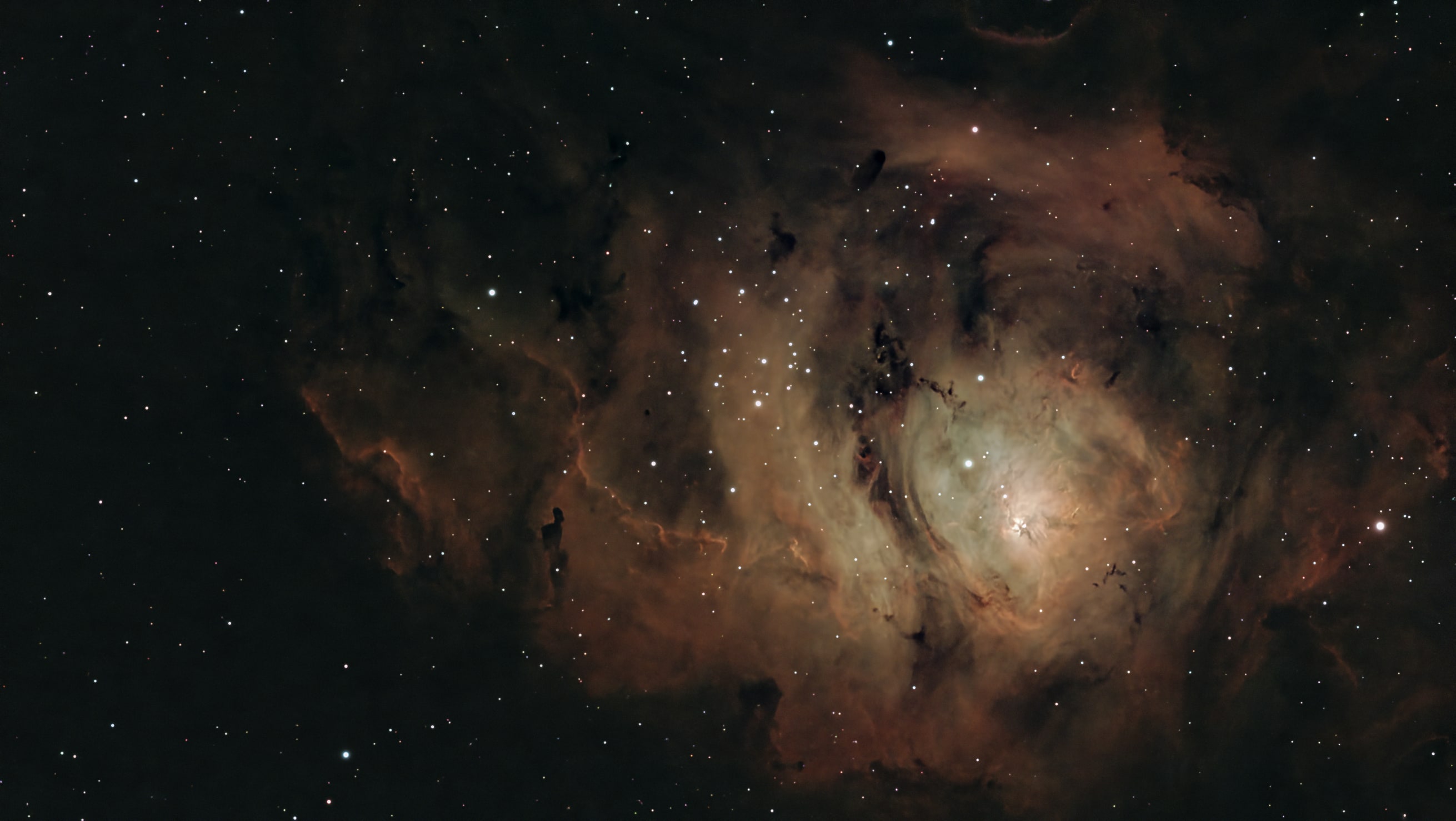 Processed 105-minute view of M8, the Lagoon Nebula