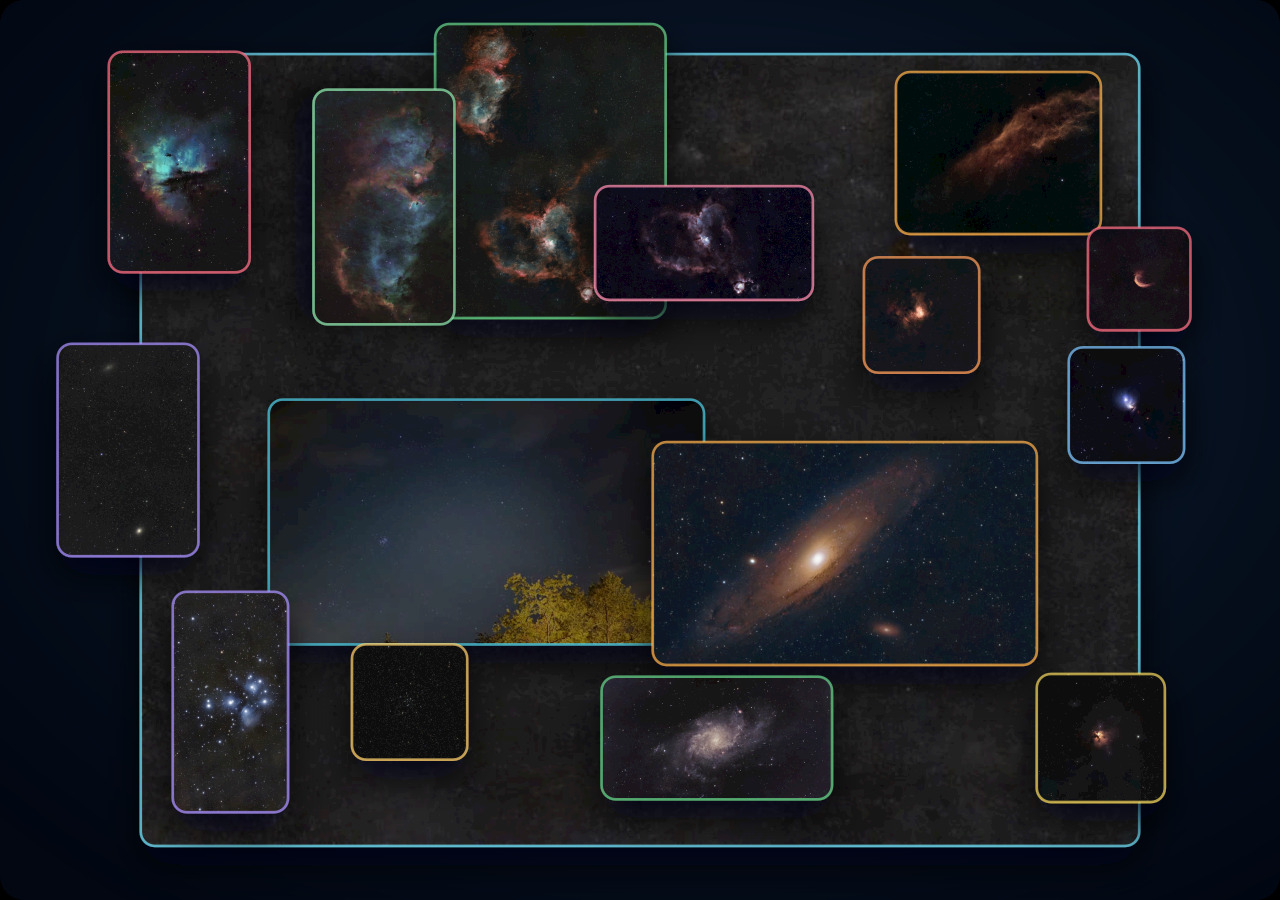 A compact nested sky map moving from an expansive Andromeda, Perseus, and Cassiopeia panorama into Local Group galaxies, emission nebulae, reflection nebulae, and stellar nurseries.