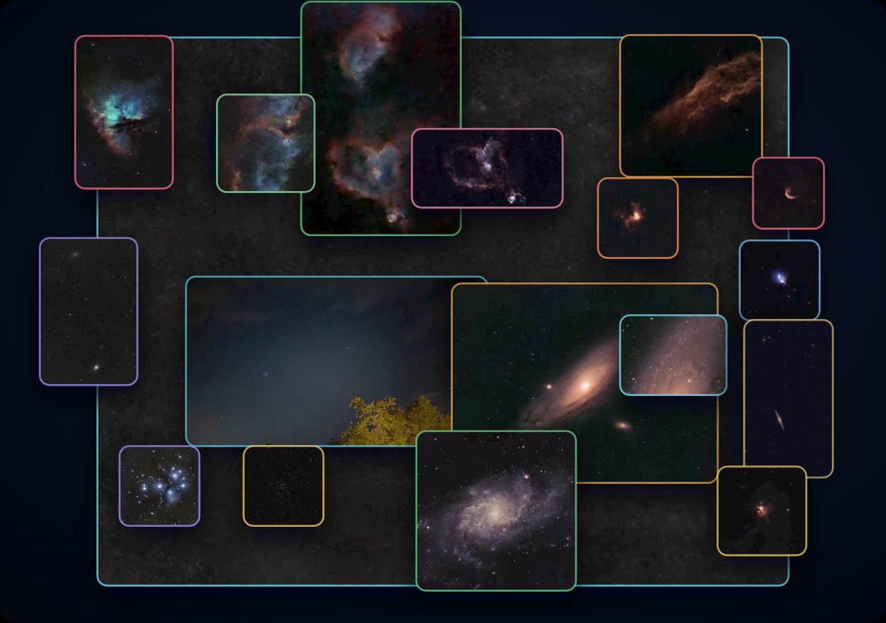 A compact nested sky map moving from an expansive Andromeda, Perseus, and Cassiopeia panorama into Local Group galaxies, emission nebulae, reflection nebulae, and stellar nurseries.