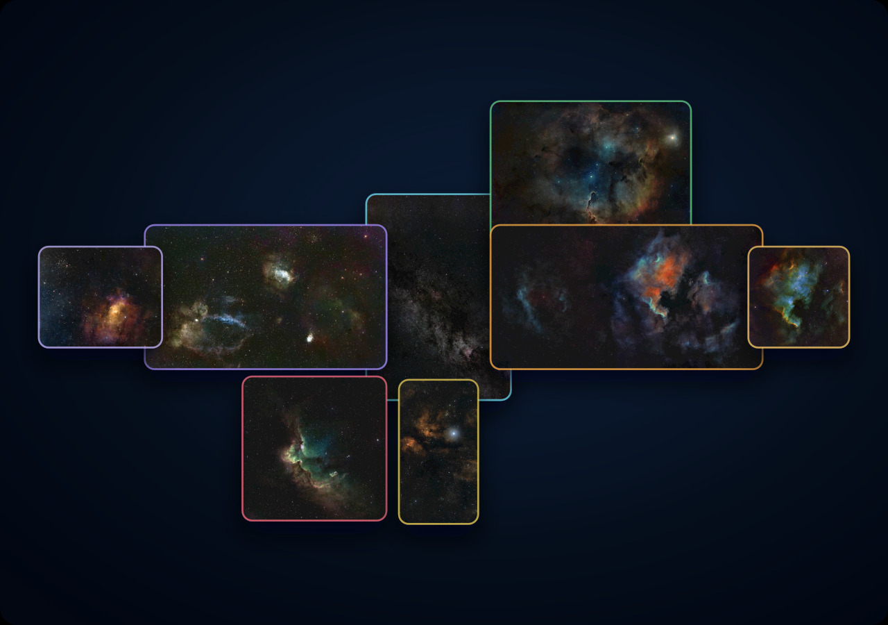 A compact nested scale map flowing from the wide Cepheus and Cygnus Milky Way field into individual nebula regions.