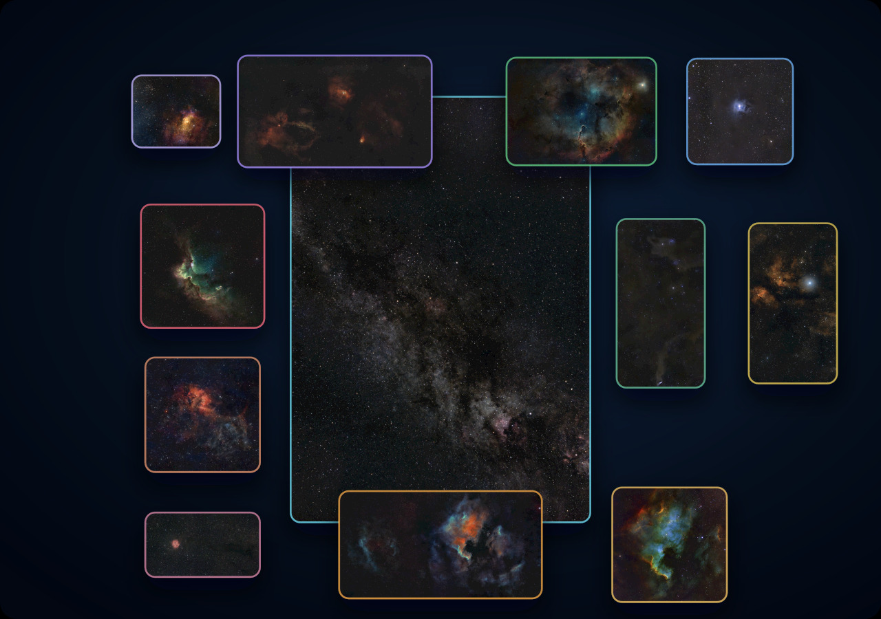 A compact nested scale map flowing from the wide Cepheus and Cygnus Milky Way field into individual nebula regions.