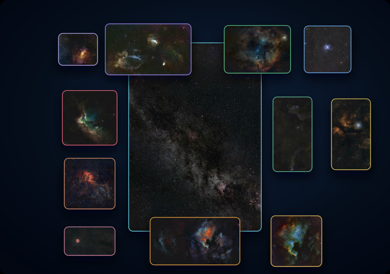 A compact nested scale map flowing from the wide Cepheus and Cygnus Milky Way field into individual nebula regions.