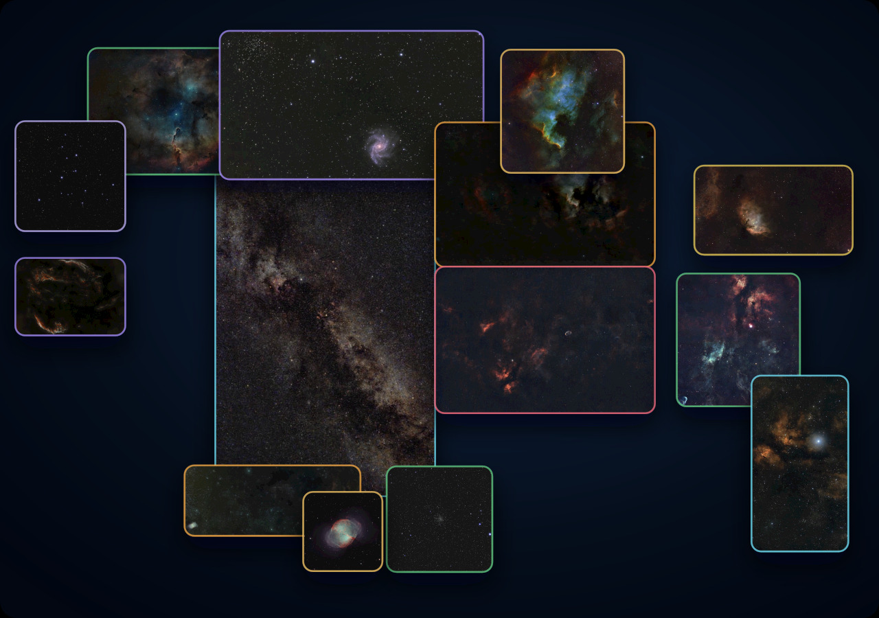 A compact nested scale map flowing from a wide Cygnus and Vulpecula Milky Way field into nebulae, clusters, and a distant galaxy.