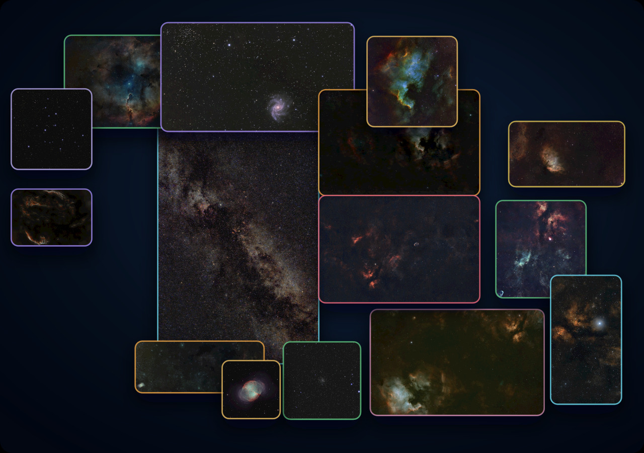 A compact nested scale map flowing from a wide Cygnus and Vulpecula Milky Way field into nebulae, clusters, and a distant galaxy.