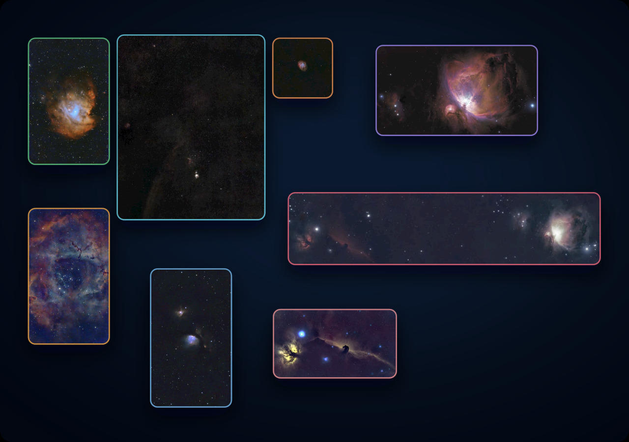 A compact nested sky map moving from a wide Orion and winter Milky Way field into individual nebulae and a supernova remnant.