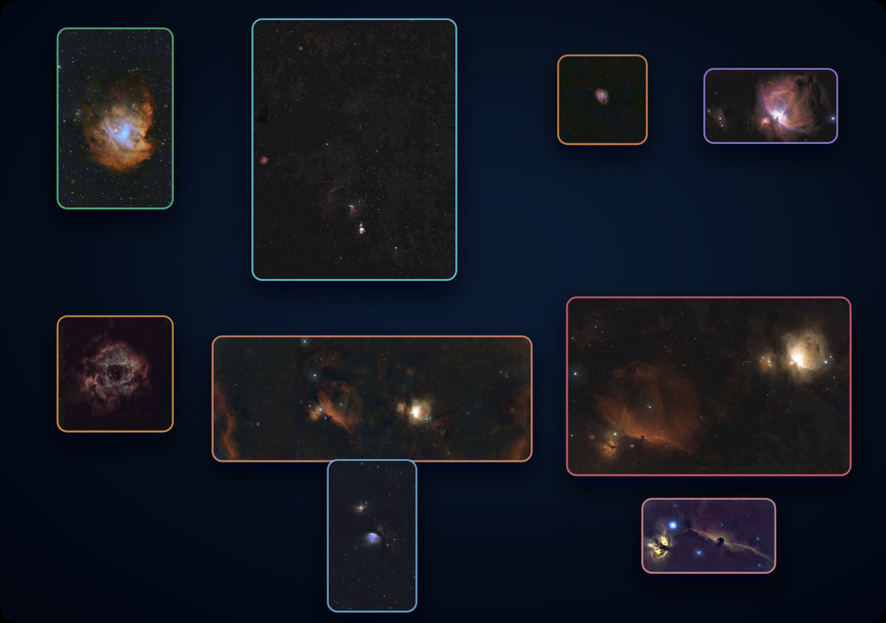 A compact nested sky map moving from a wide Orion and winter Milky Way field into individual nebulae and a supernova remnant.