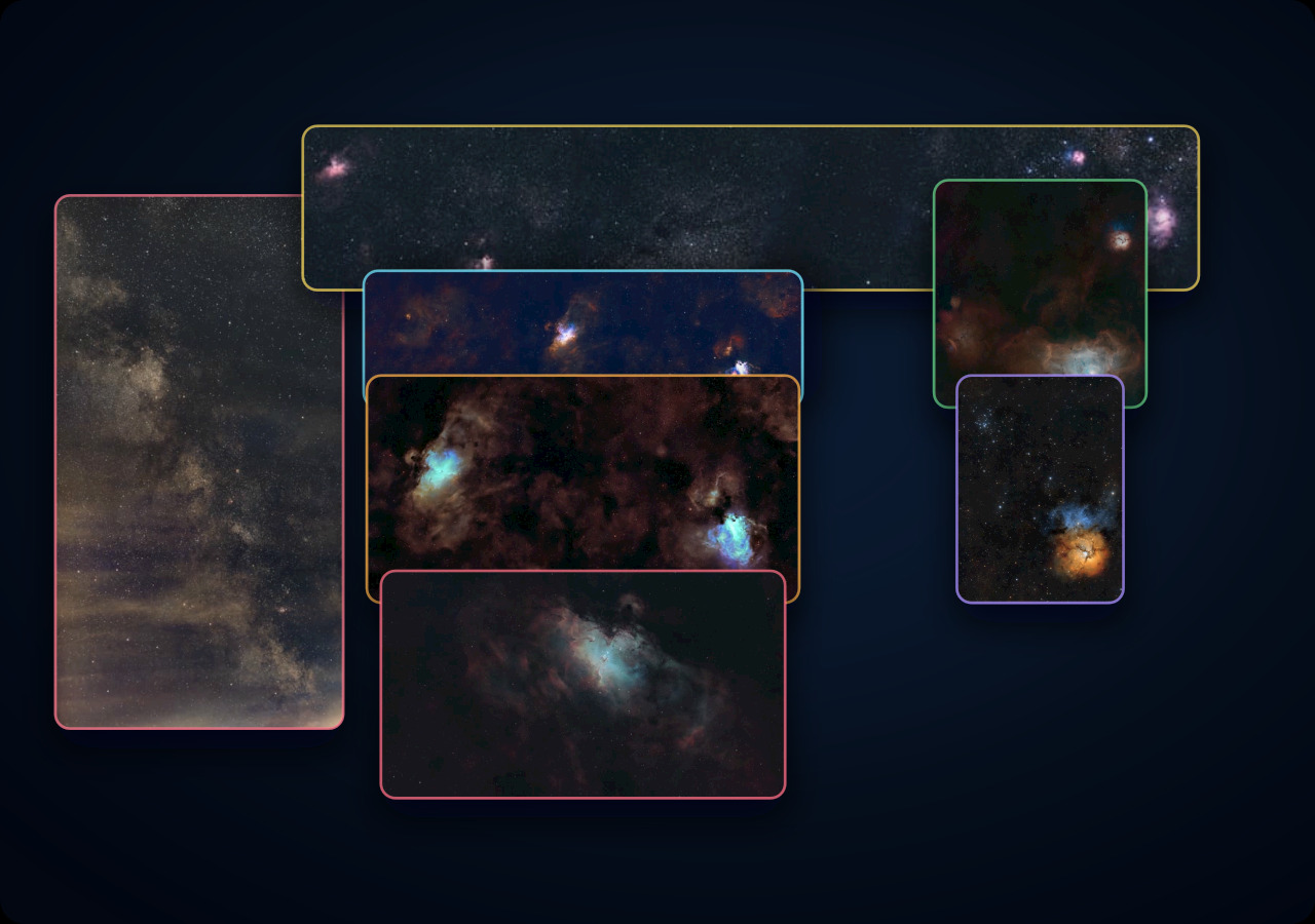 A compact nested scale map flowing from the wide Sagittarius Milky Way field into the Lagoon, Trifid, Eagle, and Swan regions.